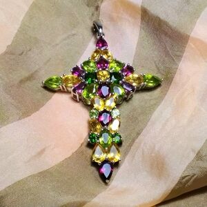 925 Silver Multi Stone Cross Pendant